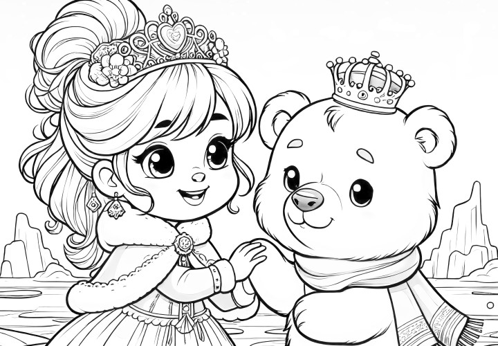 Princesse mignonne avec ours en peluche à colorier : beau et mignon (Gratuit)