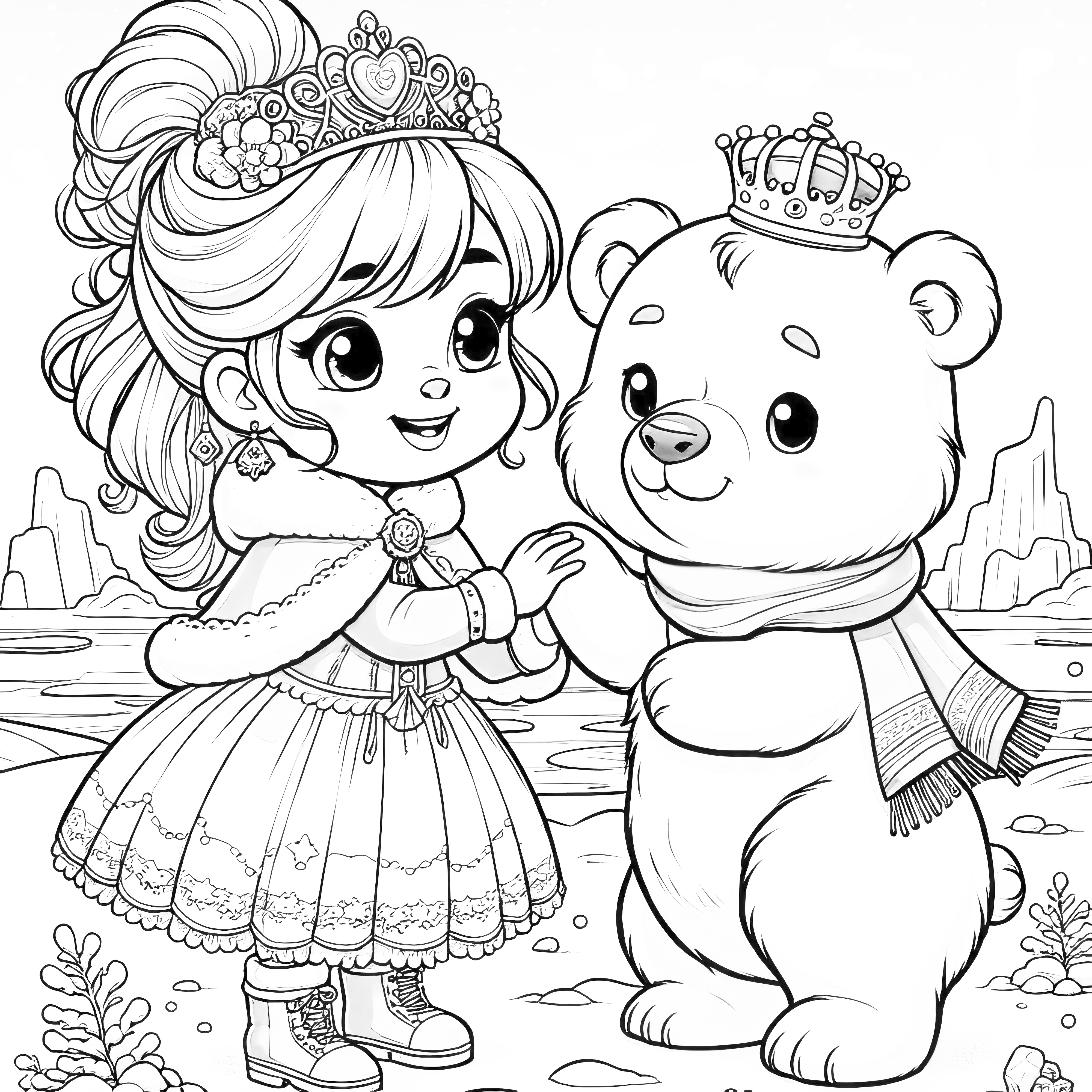 Princesa gira com ursinho de peluche para colorir: bonita e gira (gratuito)