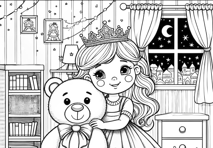 Princesa con osito de peluche en la sala de juegos: Dibujo para colorear gratis