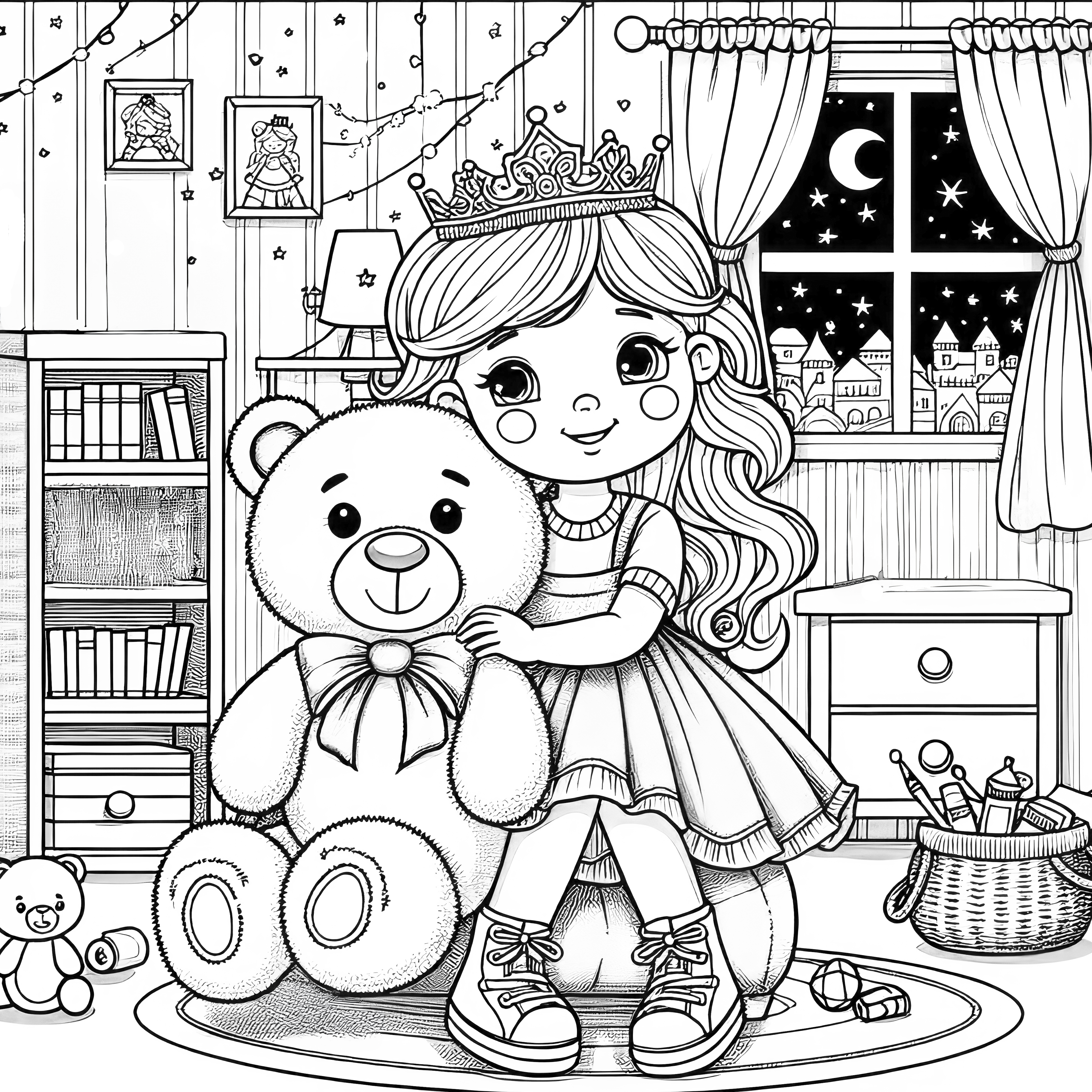 Princesa com ursinho de peluche no quarto de brincar: imagem para colorir grátis