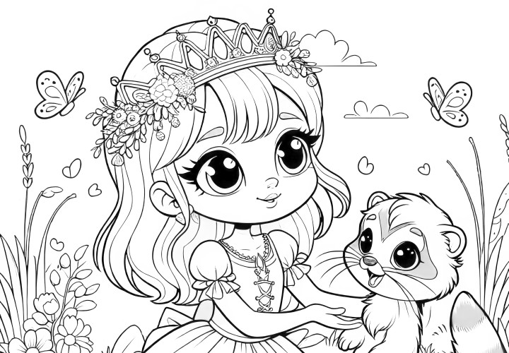 Princesa linda con mapache y mariposas para colorear (Gratis)