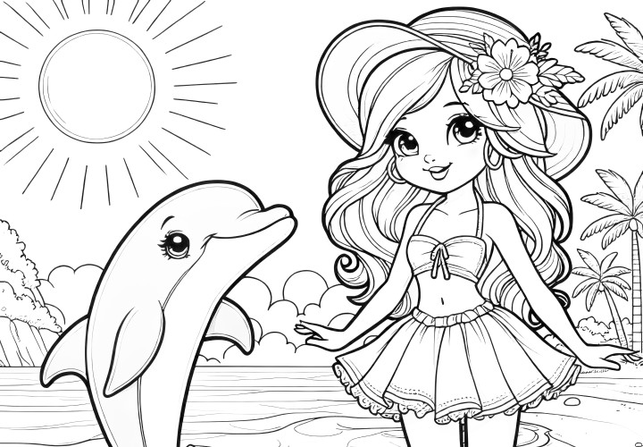 A princesa na praia com o golfinho: um encantador desenho para colorir (gratuito)