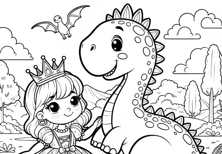 Pequeña princesa con bebé dinosaurio: Imagen para colorear para descargar (Gratis)