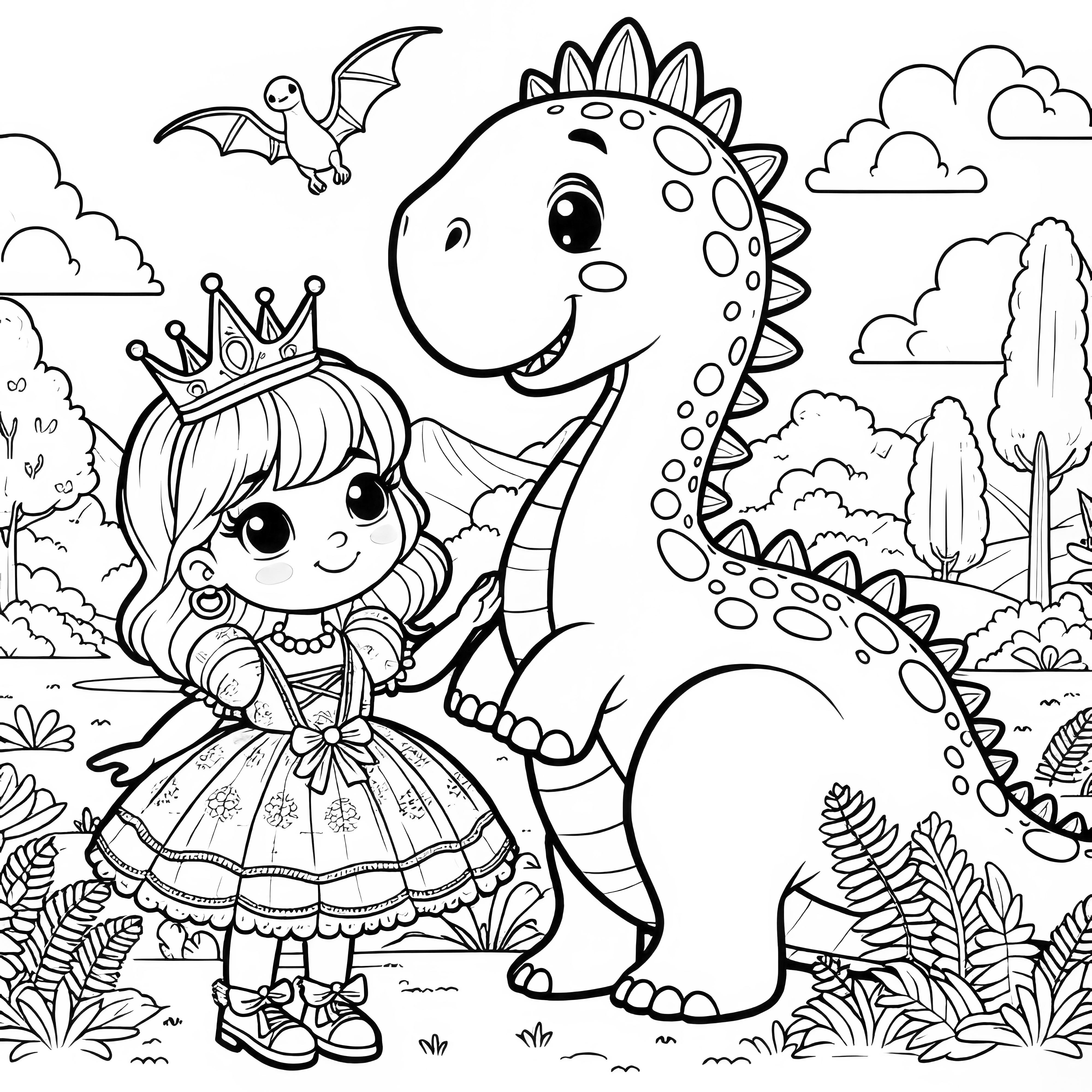 Petite princesse avec bébé dinosaure : coloriage à télécharger (Gratuit)