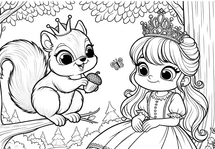 Princesa gira com esquilo na floresta: Desenho para colorir para descarregar (gratuito)