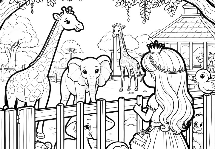 Princesa no jardim zoológico: colorir girafas, elefantes e macacos (gratuito)