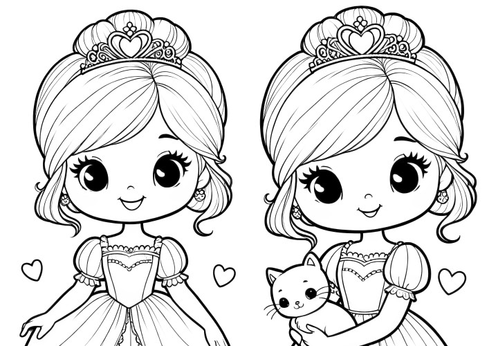 Deux petites princesses avec un chat: Page à colorier simple sans arrière-plan (gratuit)