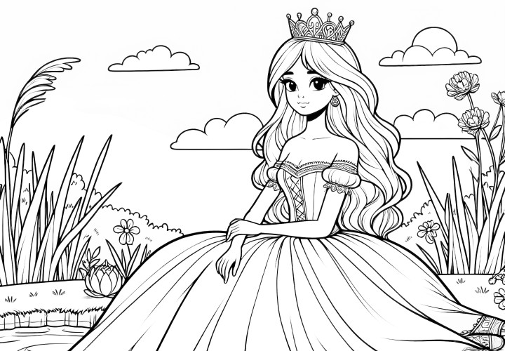 La princesse magique est assise au bord du lac : Coloriage gratuit à télécharger