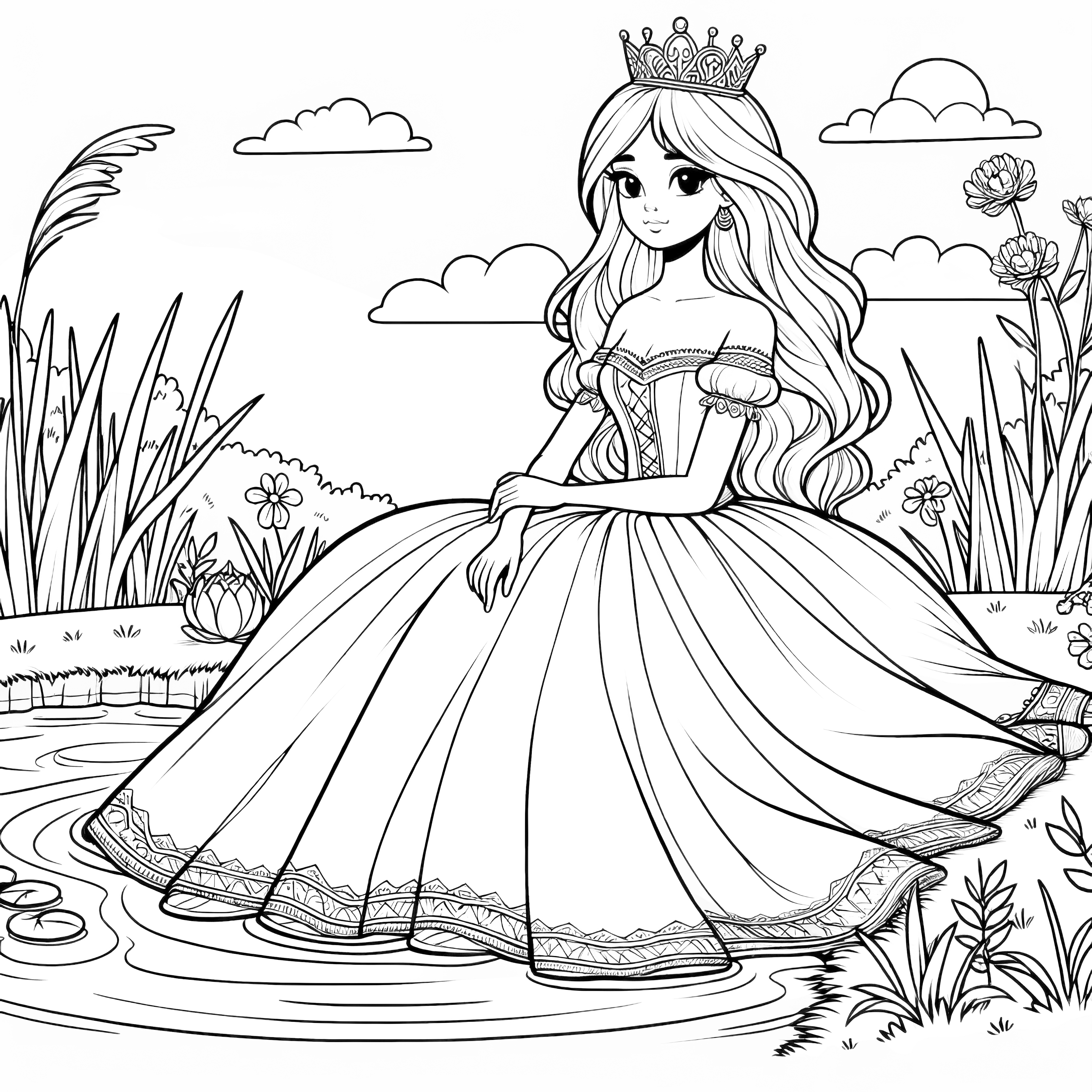 La encantadora princesa está sentada junto al lago: Descarga gratuita del dibujo para colorear