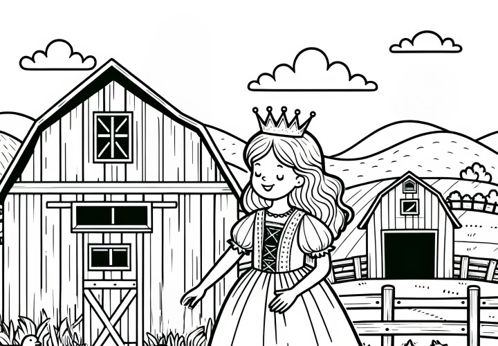 Princesse joyeuse à la ferme : Modèle de coloriage simple à télécharger (Gratuit)