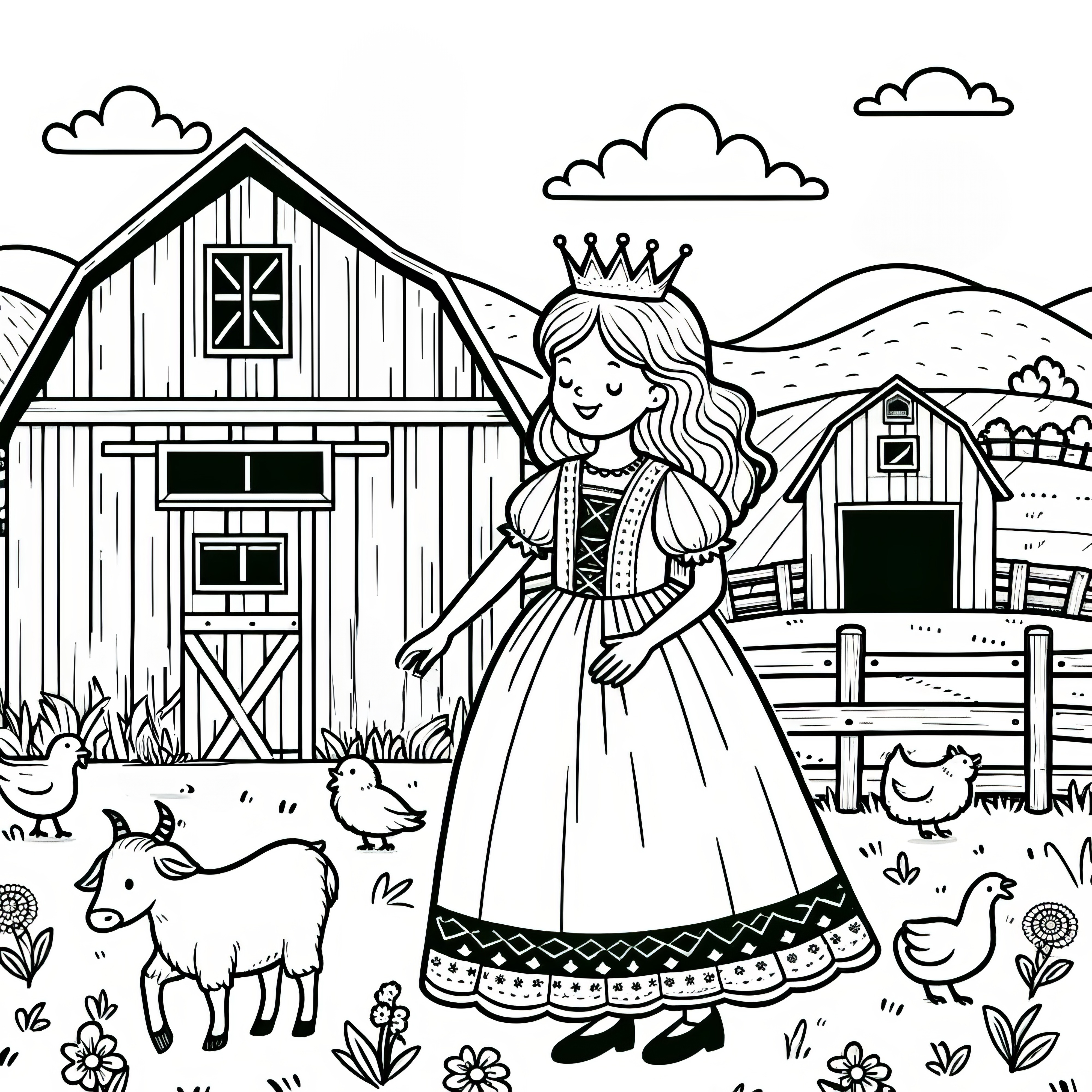 Princesa alegre en la granja: Hoja de colorear simple para descargar (gratis)