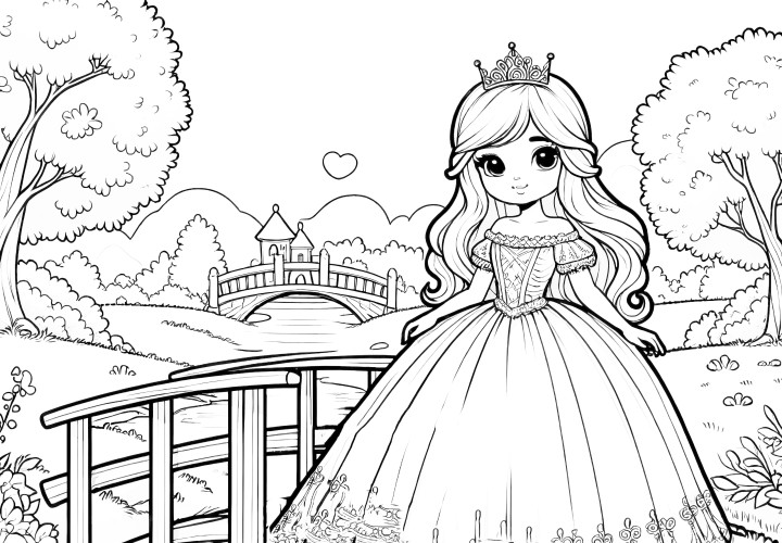 Image à colorier gratuite : Douce princesse sur un pont dans un paysage naturel