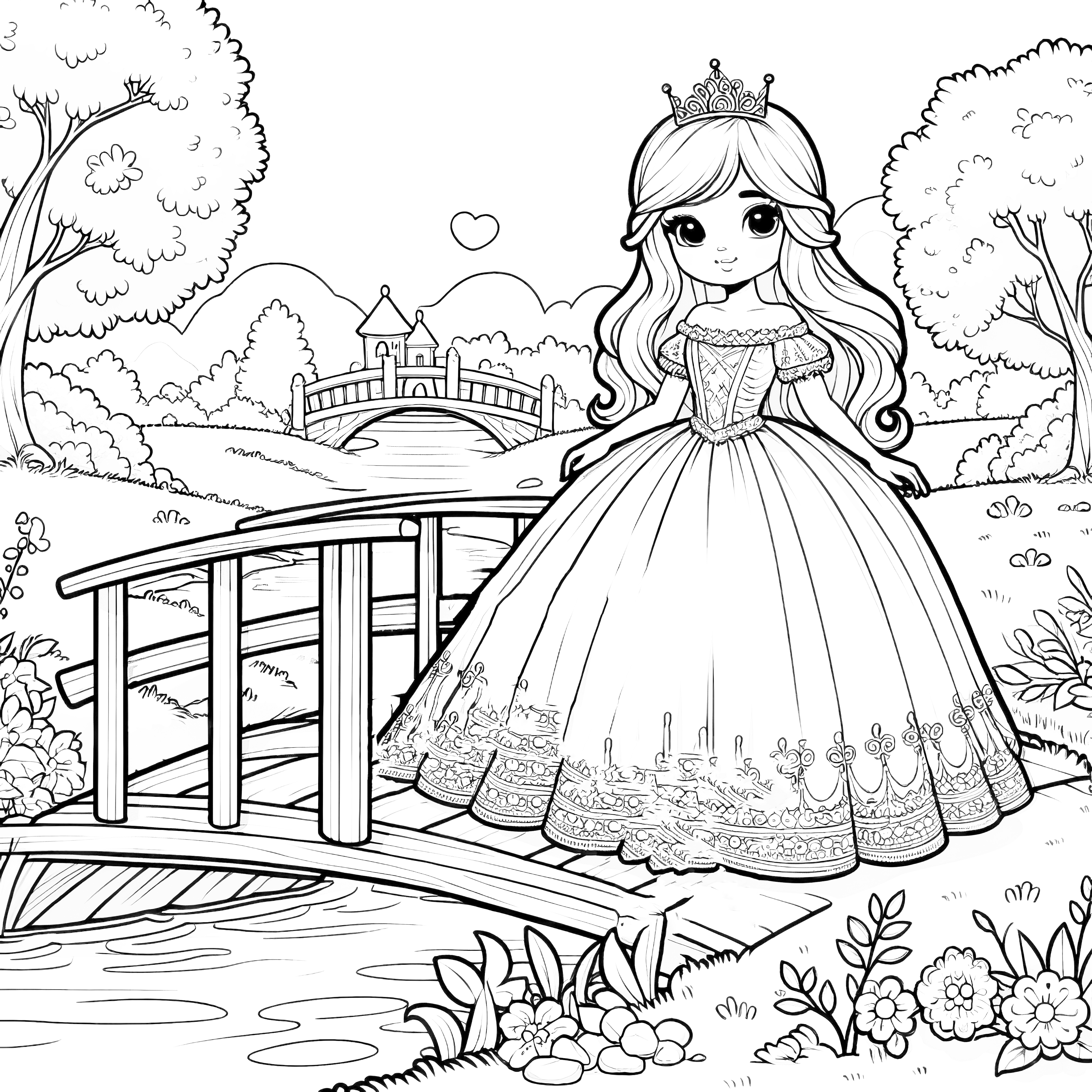 Princesse sur le pont dans la nature: Coloriage gratuit