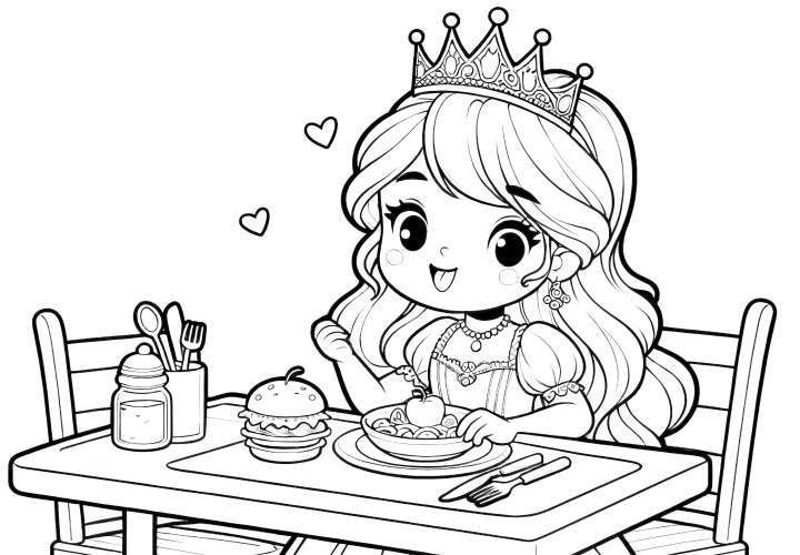 Imagen para colorear gratis: Princesa sonriente en la mesa comiendo una hamburguesa