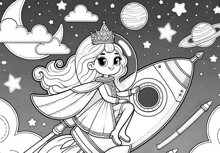 Princesa riendo en un cohete futurista con planetas para colorear (Gratis)