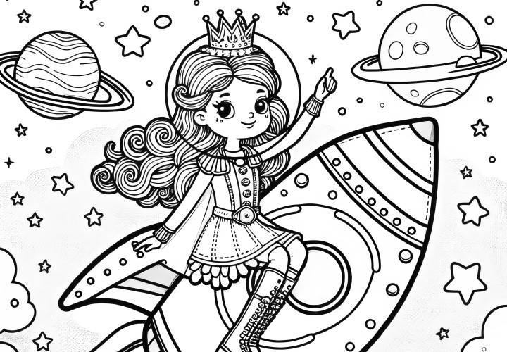 Princesa con casco en un cohete futurista en el espacio (dibujo para colorear gratis)