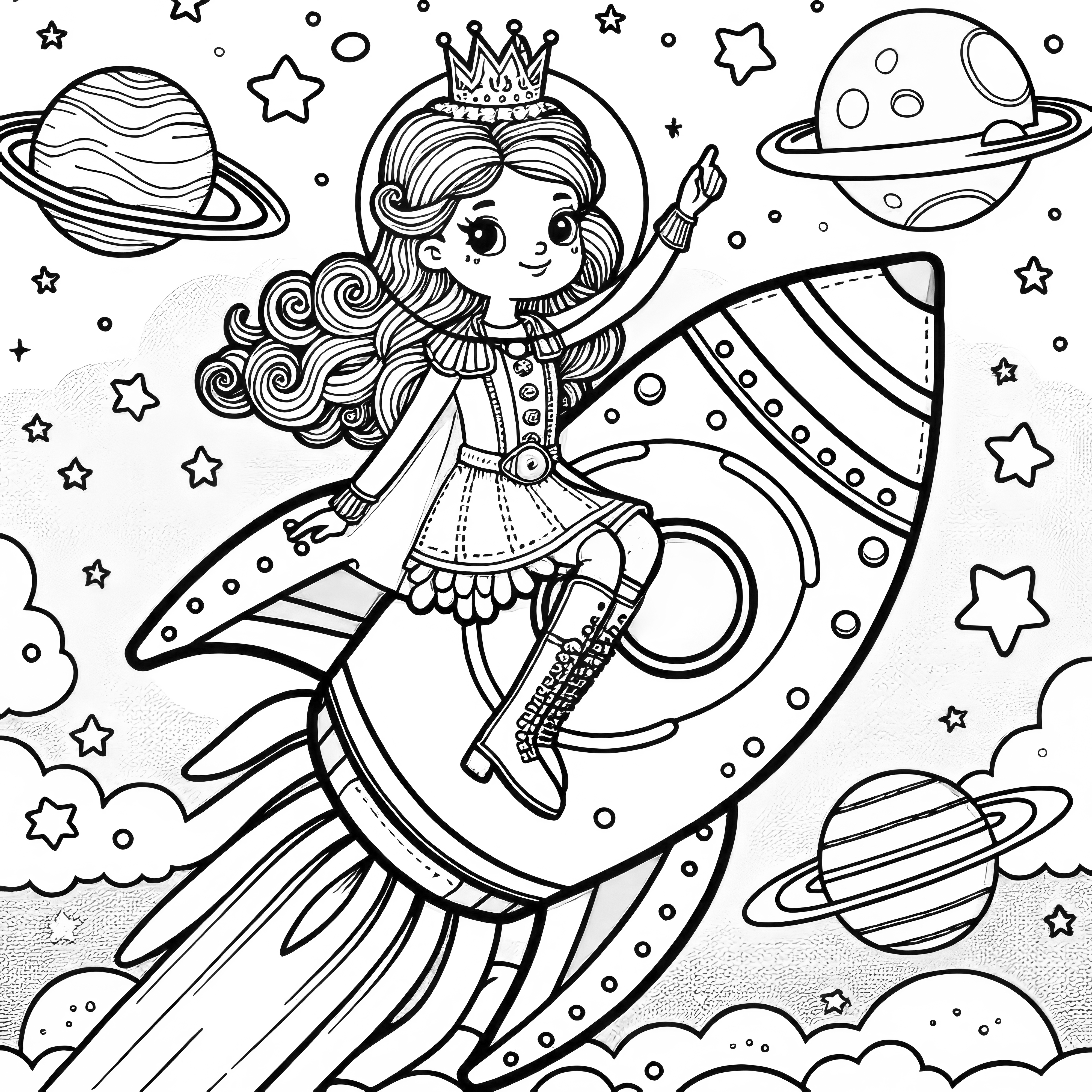 Princesse dans une fusée futuriste avec des planètes - Coloriage