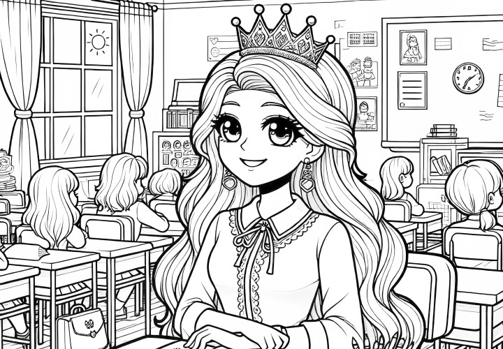 Modèle de coloriage gratuit : Princesse souriante à table à l'école