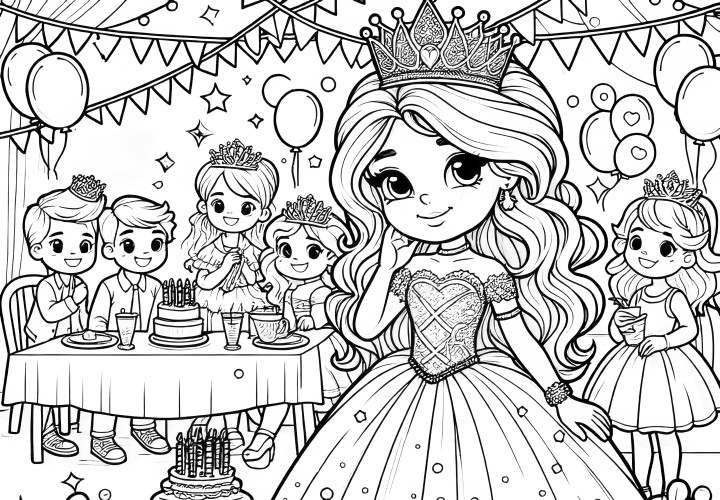 Prinses op een kinderfeestje met cadeautjes (kleurplaat gratis)