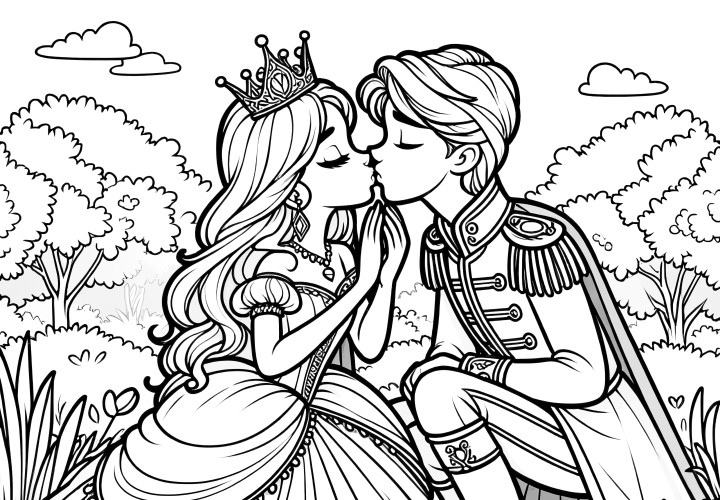 A princesa beija o príncipe à beira do lago: Desenho para colorir grátis