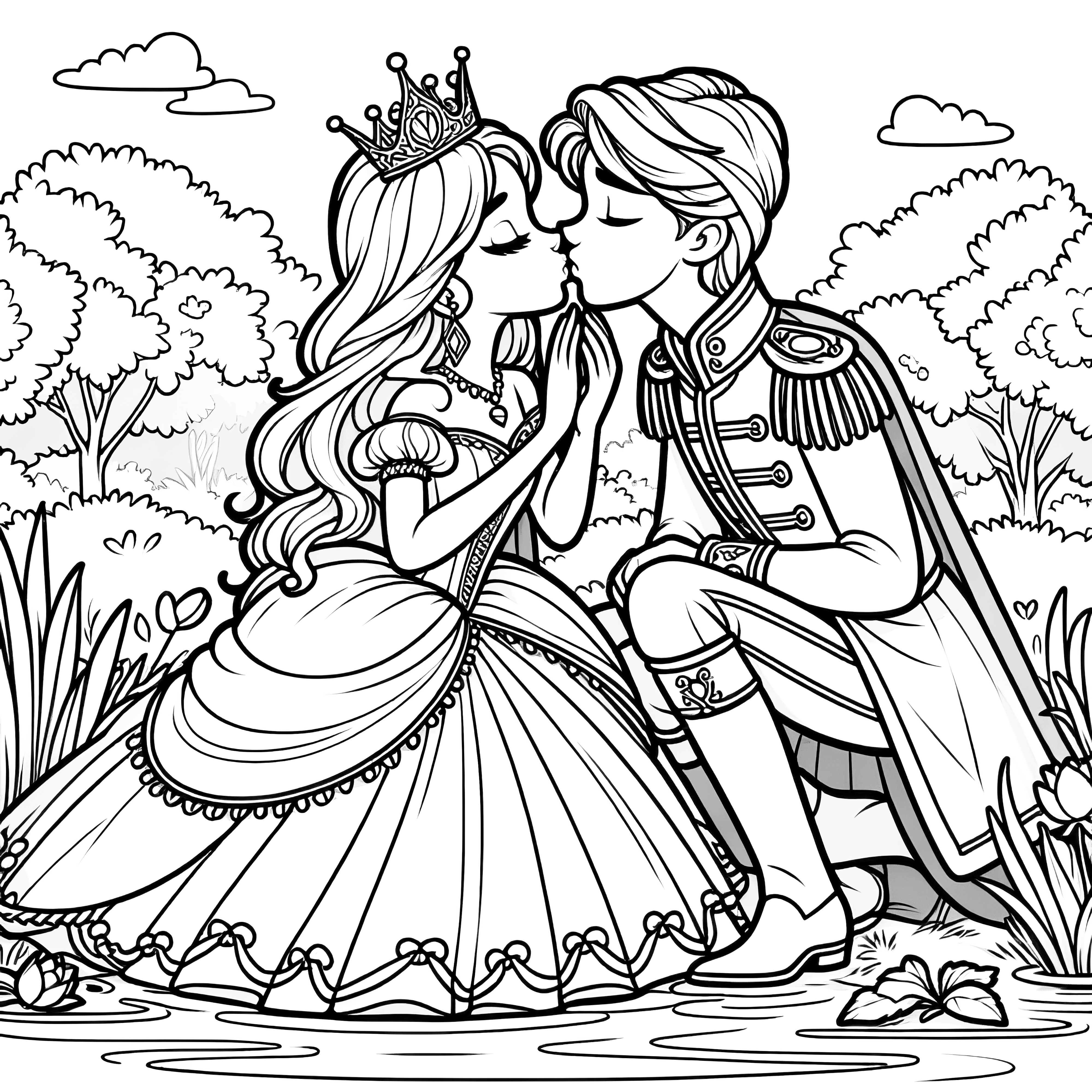 Princesa besa a príncipe en el lago: bonito diseño para colorear