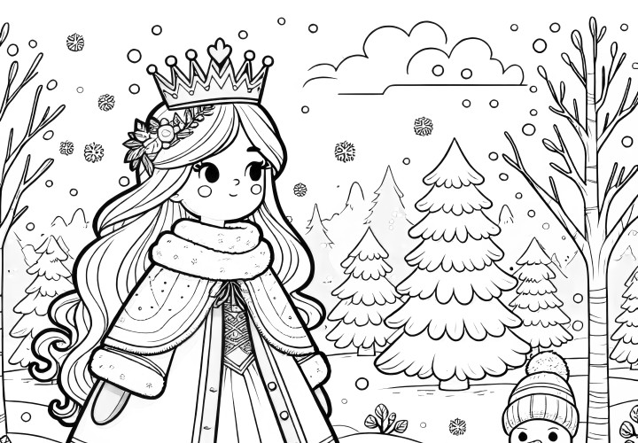 Prinses in winterjas in winterlandschap: Kleurplaat (Gratis)