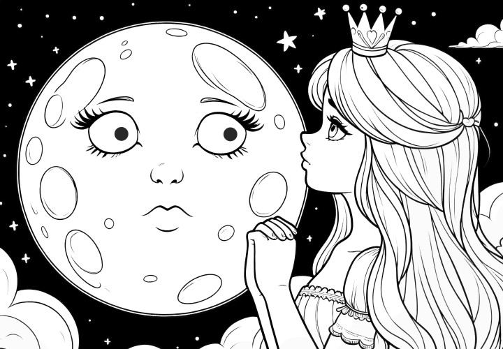 Coloriage gratuit : Princesse avec la lune et les étoiles la nuit