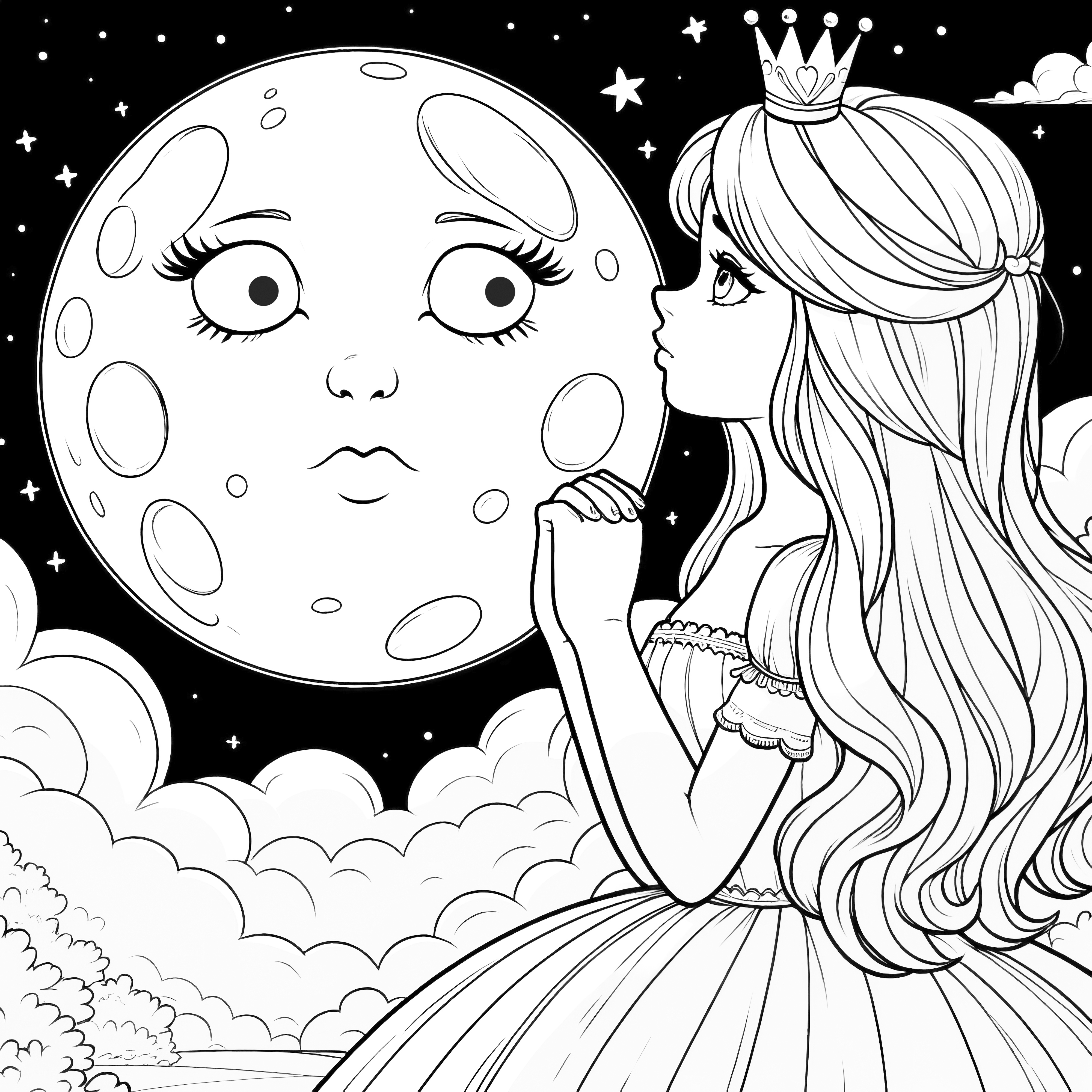 Desenho para colorir gratuito: Princesa com lua e estrelas à noite