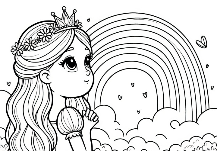 Modèle de coloriage simple : princesse regardant l'arc-en-ciel (Gratuit)