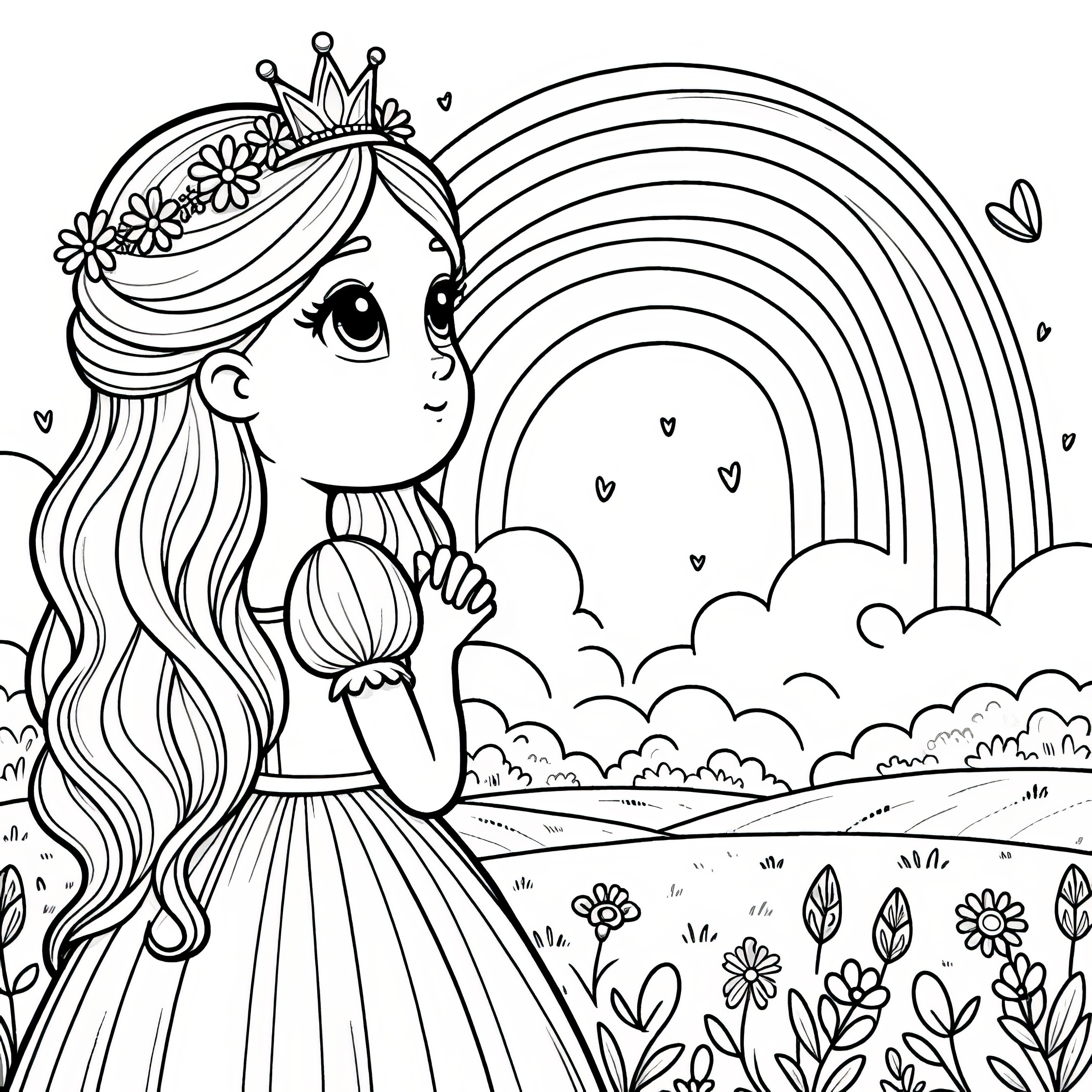 Página para colorir simples: Princesa com vista para o arco-íris (gratuito)