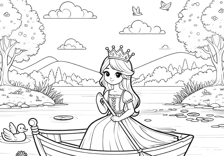 Princesa en bote de remos en un paisaje de ensueño (Gratis)