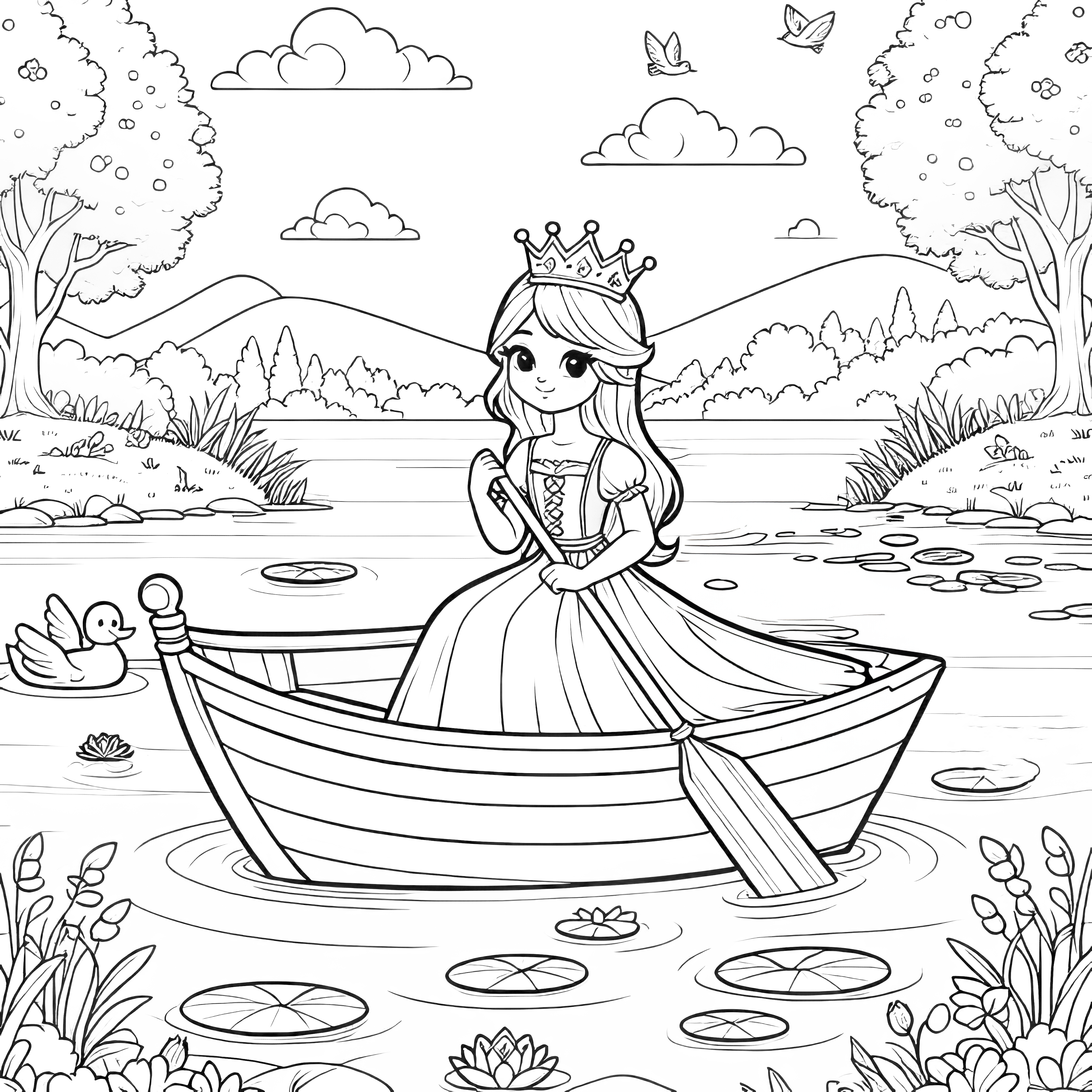 Princesa en bote de remos en un paisaje de cuento de hadas (Gratis)