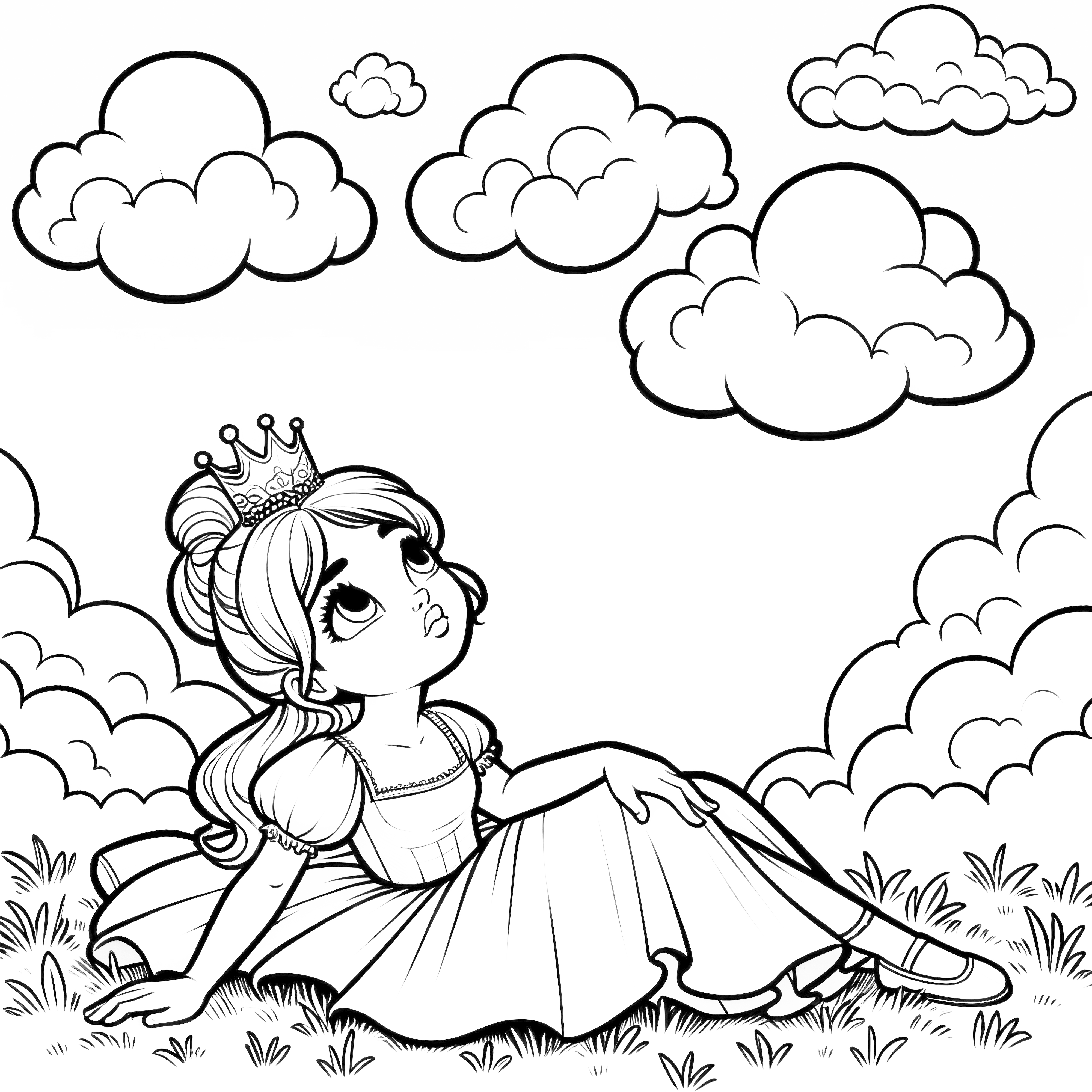 Dibujo para colorear gratis: La princesa mira soñadoramente al cielo