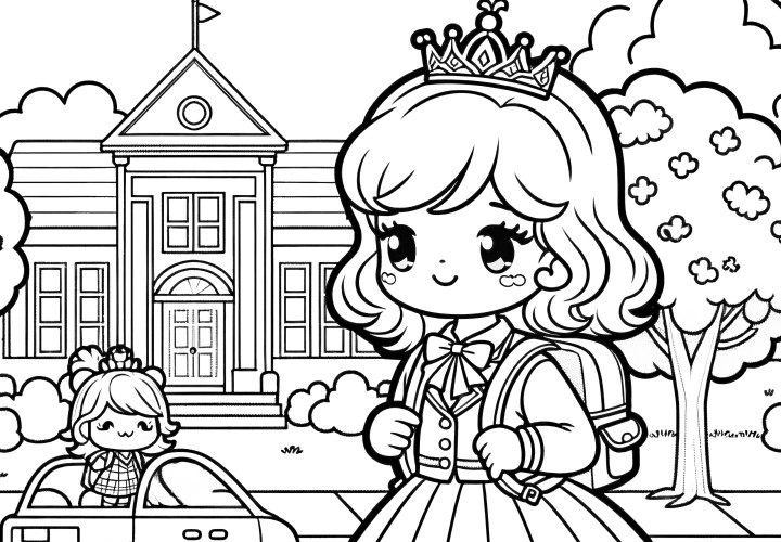 A princesa a caminho da escola: página para colorir simples (gratuito)