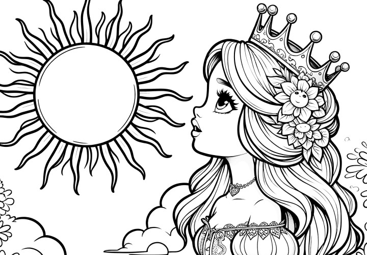 Dibujo para colorear simple: Bella princesa con sol radiante (Gratis)