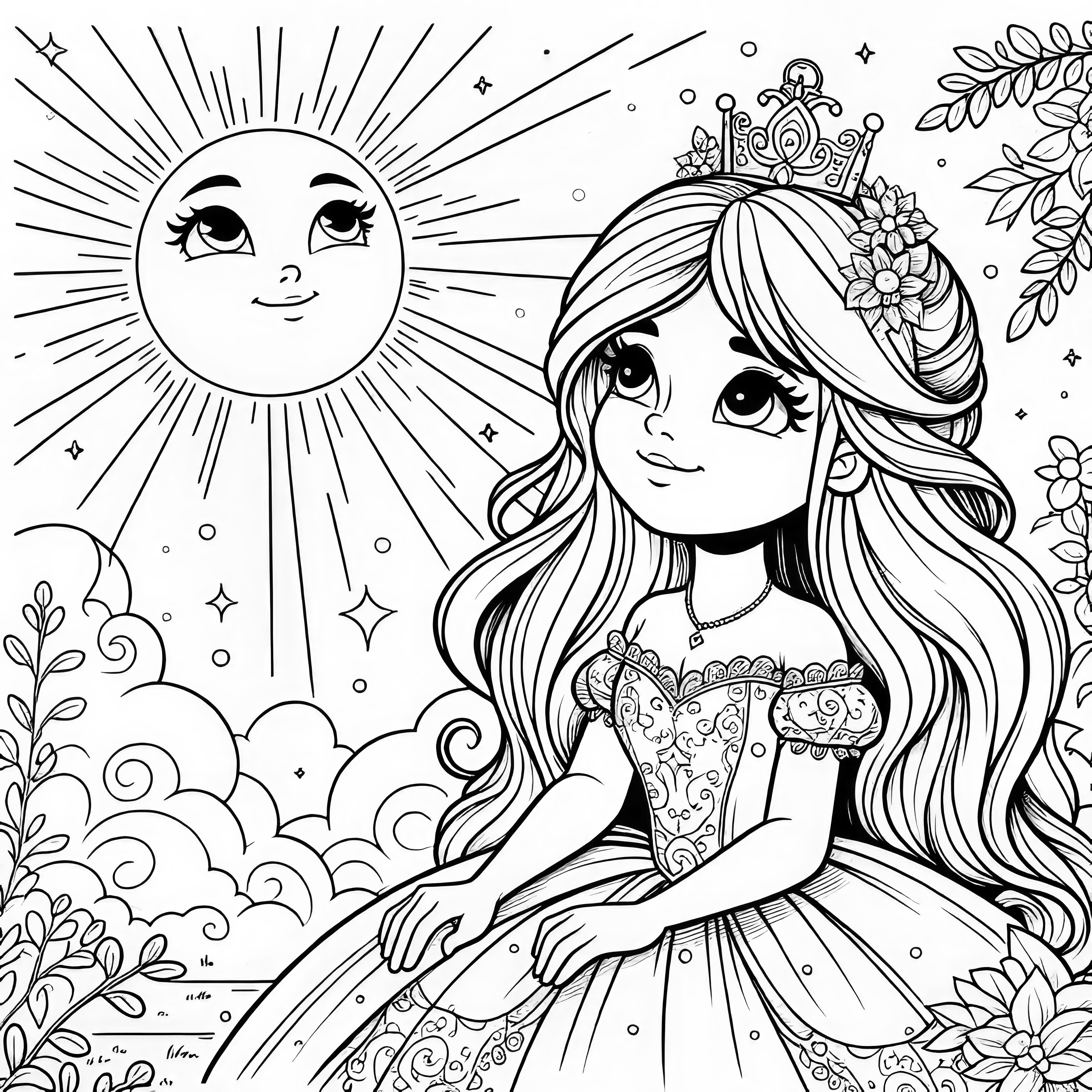 Uma linda princesa com o sol (página para colorir, grátis para imprimir)