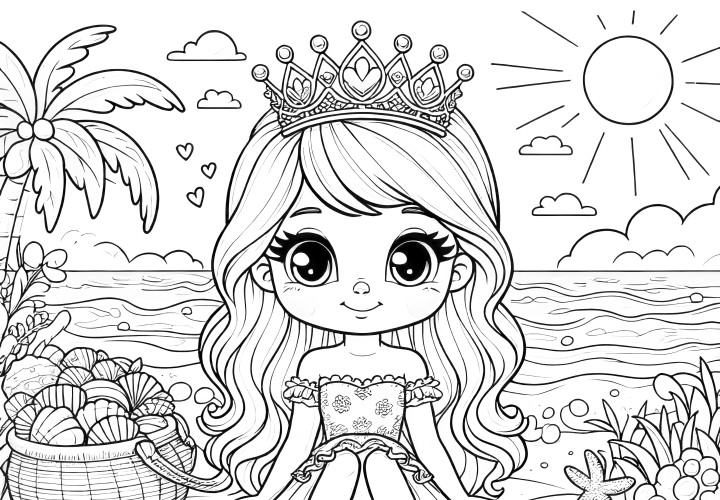 Descarregar imagem: Princesa na praia com muitas conchas (gratuito)