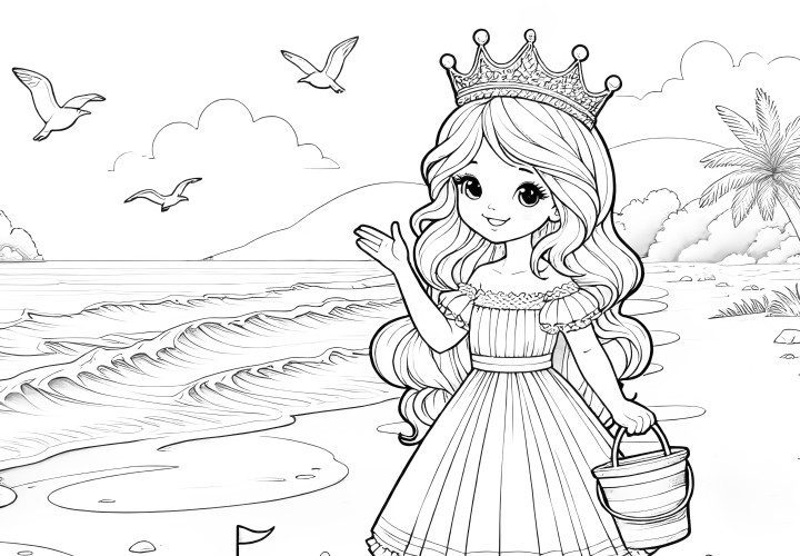 Princesa en la playa con castillo de arena: ¡Página para colorear para las vacaciones (Gratis)