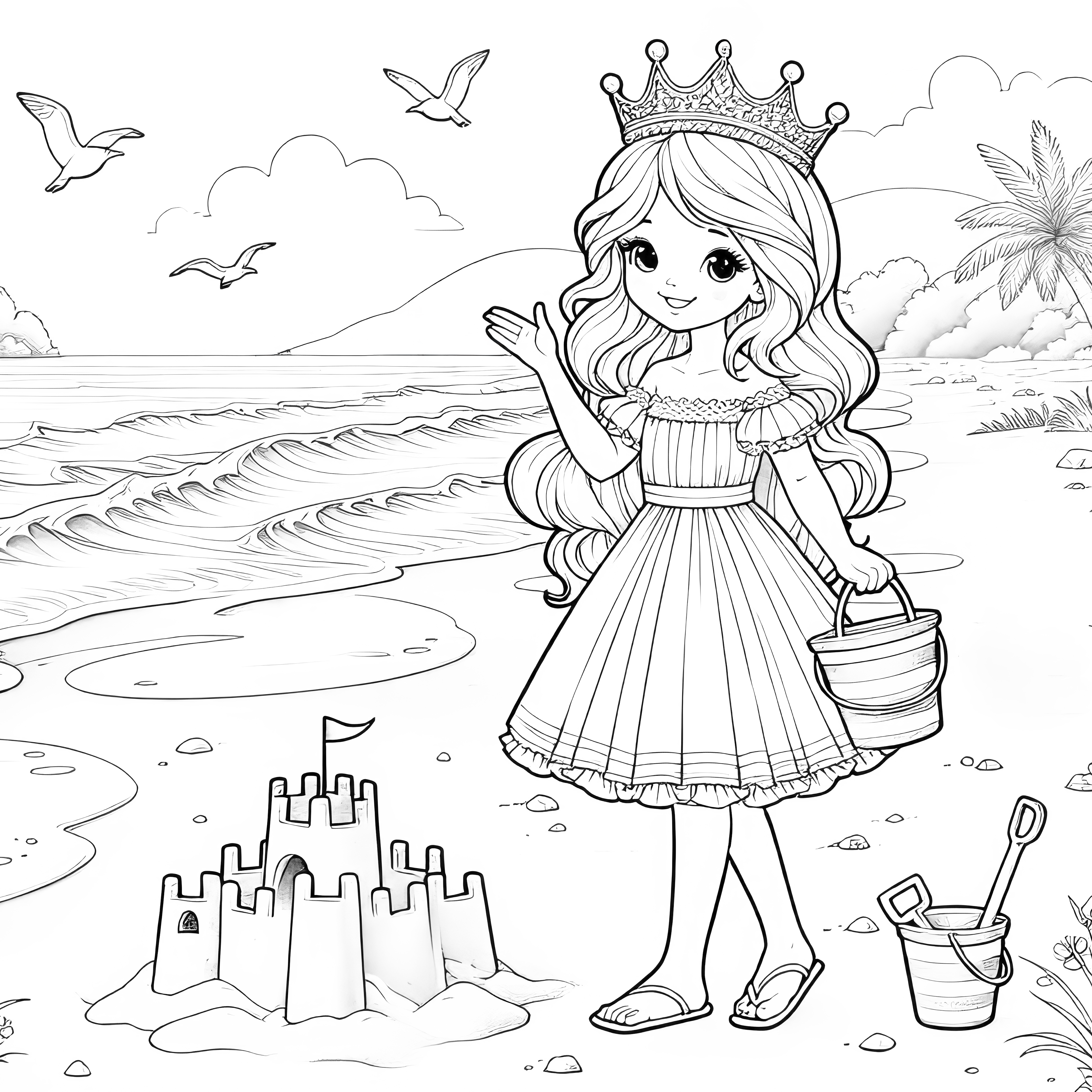 Princesse sur la plage avec château de sable: coloriage pour les vacances (Gratuit)