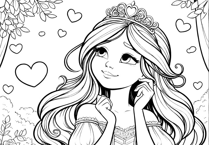 Princesse amoureuse avec des cœurs : Coloriage féerique (Gratuit)