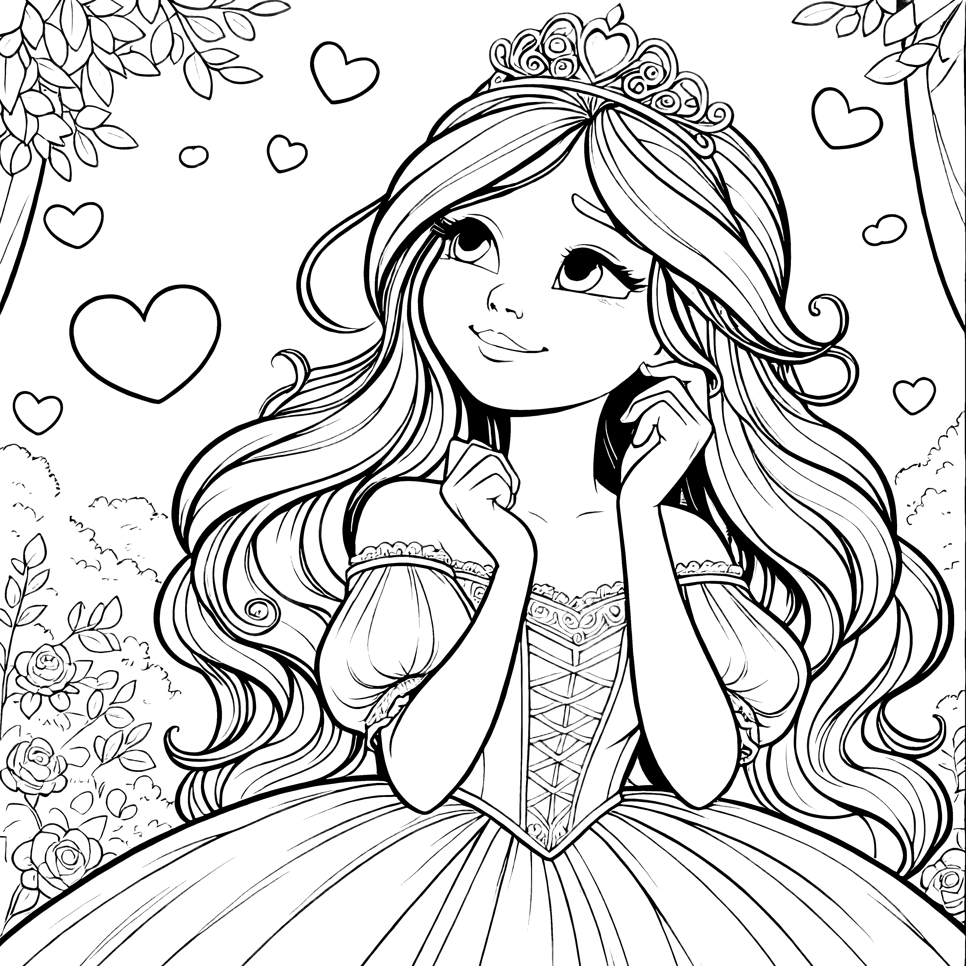 Princesa enamorada con corazones: Página para colorear de cuento de hadas (Gratis)