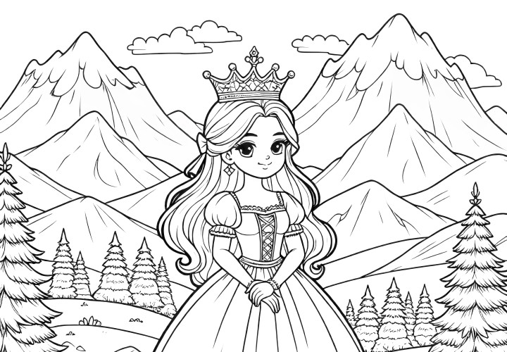 Princesse avec une magnifique robe devant des montagnes majestueuses : coloriage à imprimer (gratuit)