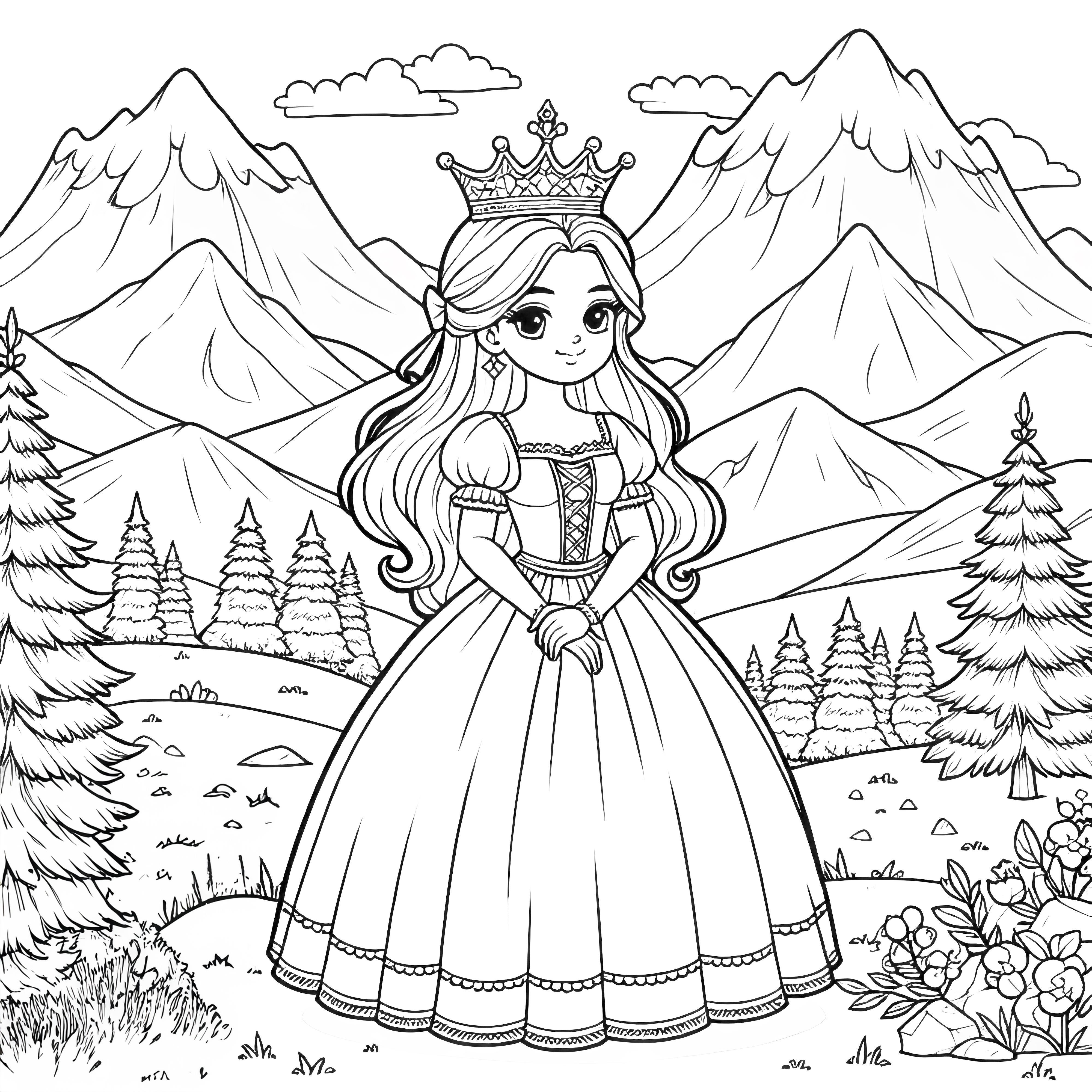 Princesa com um vestido magnífico em frente a montanhas majestosas: imagem para colorir para imprimir (gratuito)