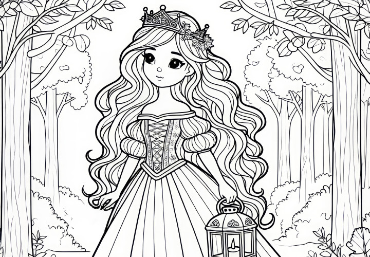 Modèle de coloriage féerique: Princesse dans la forêt avec lanterne (Gratuit)