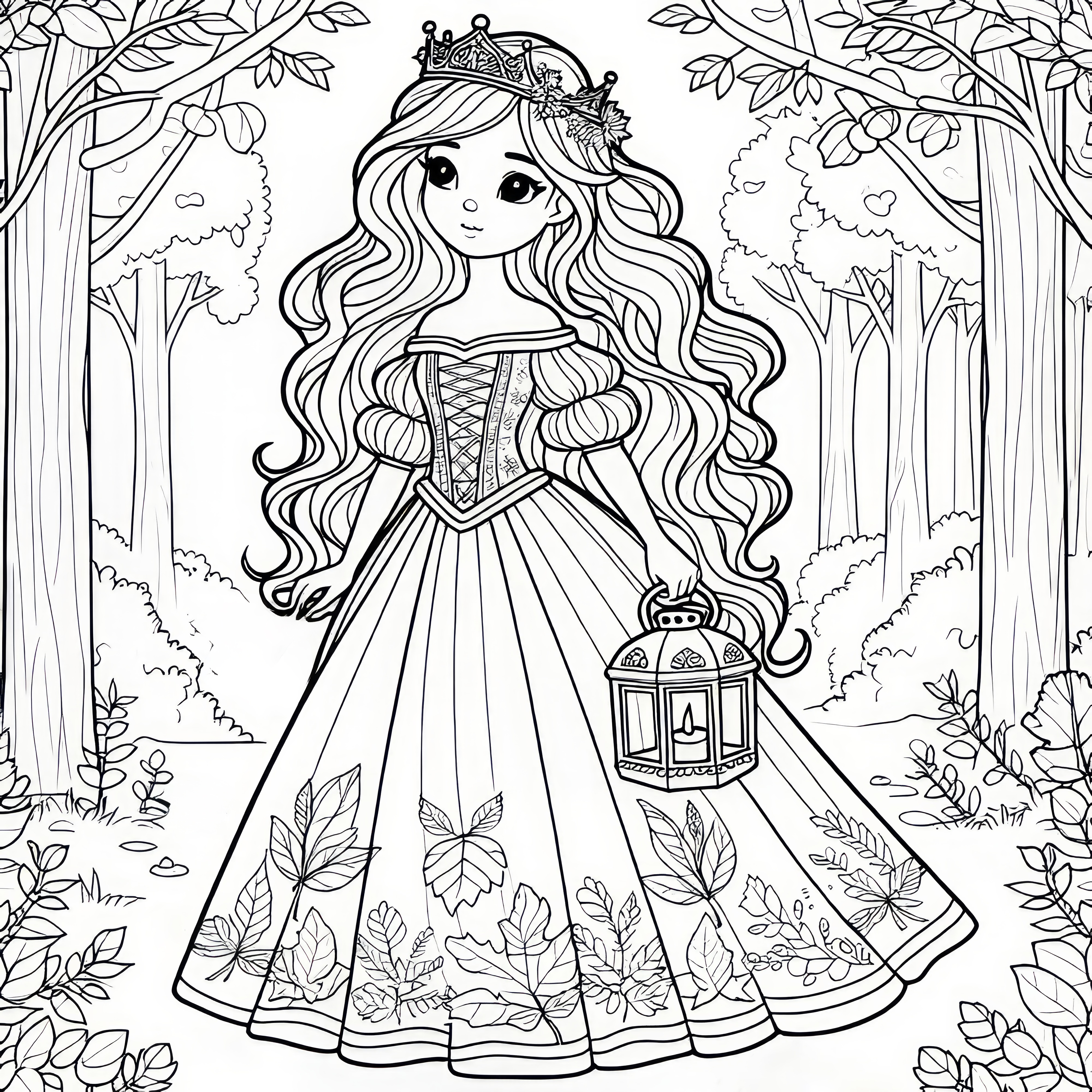 Gabarit de coloriage féerique : Princesse dans la forêt avec lanterne (Gratuit)