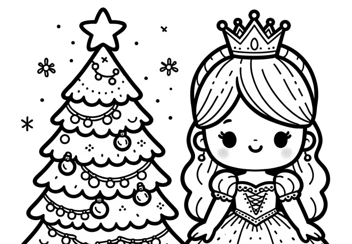 Princesa com árvore de Natal e presentes: Desenho para colorir simples (gratuito)