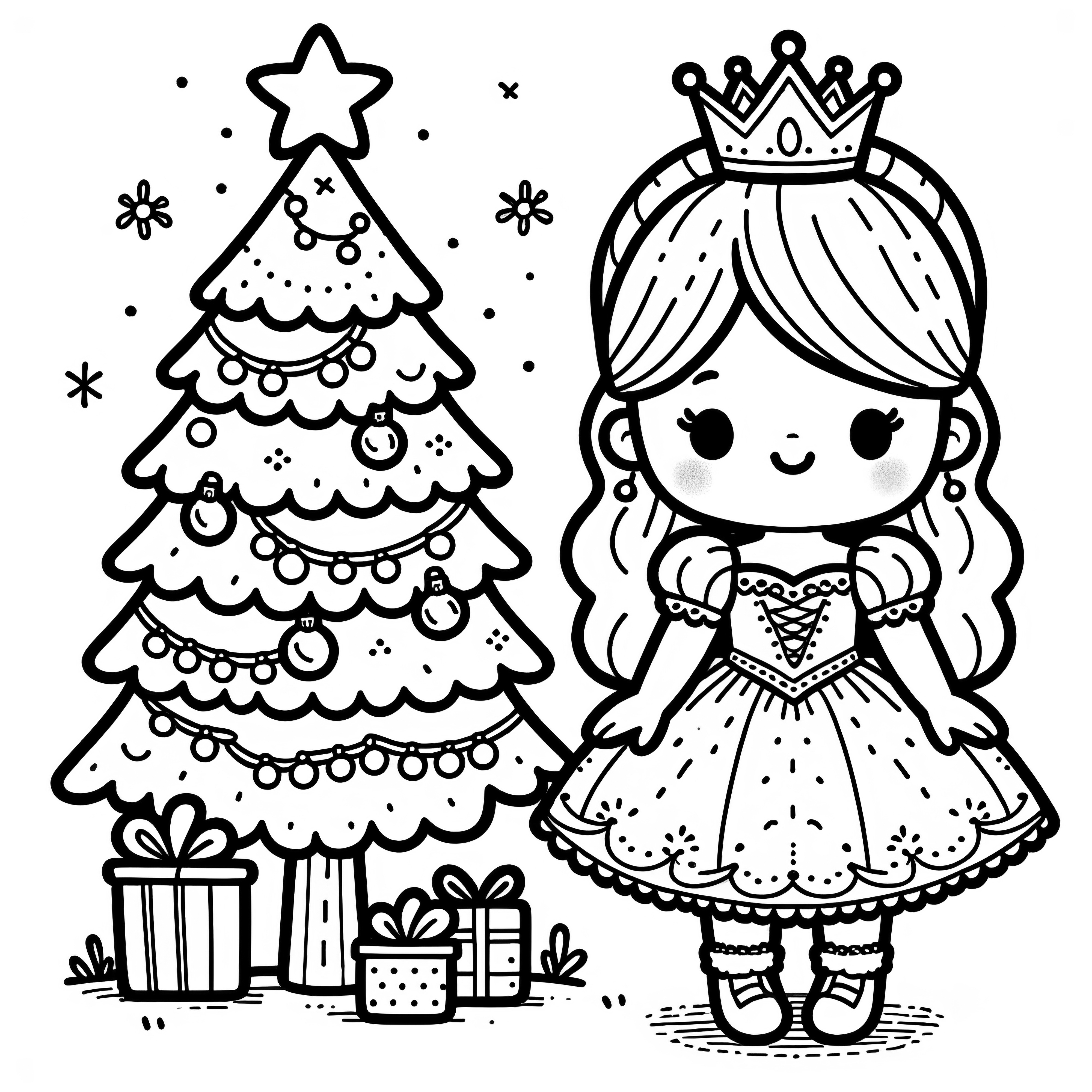 Princesse au pied d'un sapin de Noël avec des cadeaux - Modèle de coloriage facile