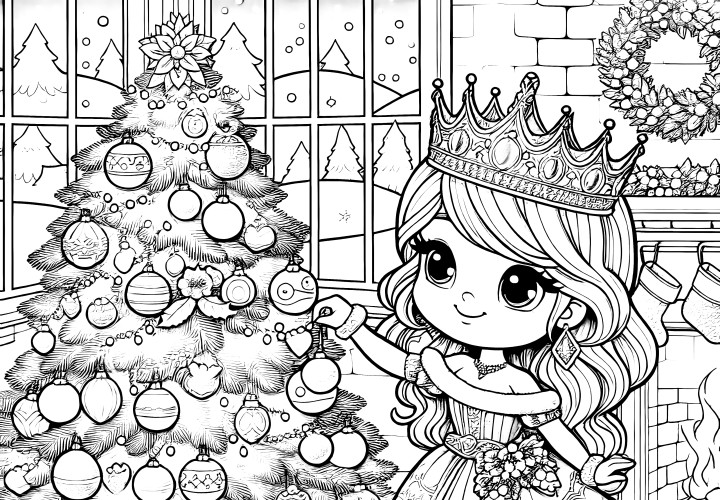 A princesinha decora a árvore de Natal: página para colorir e imprimir (gratuito)