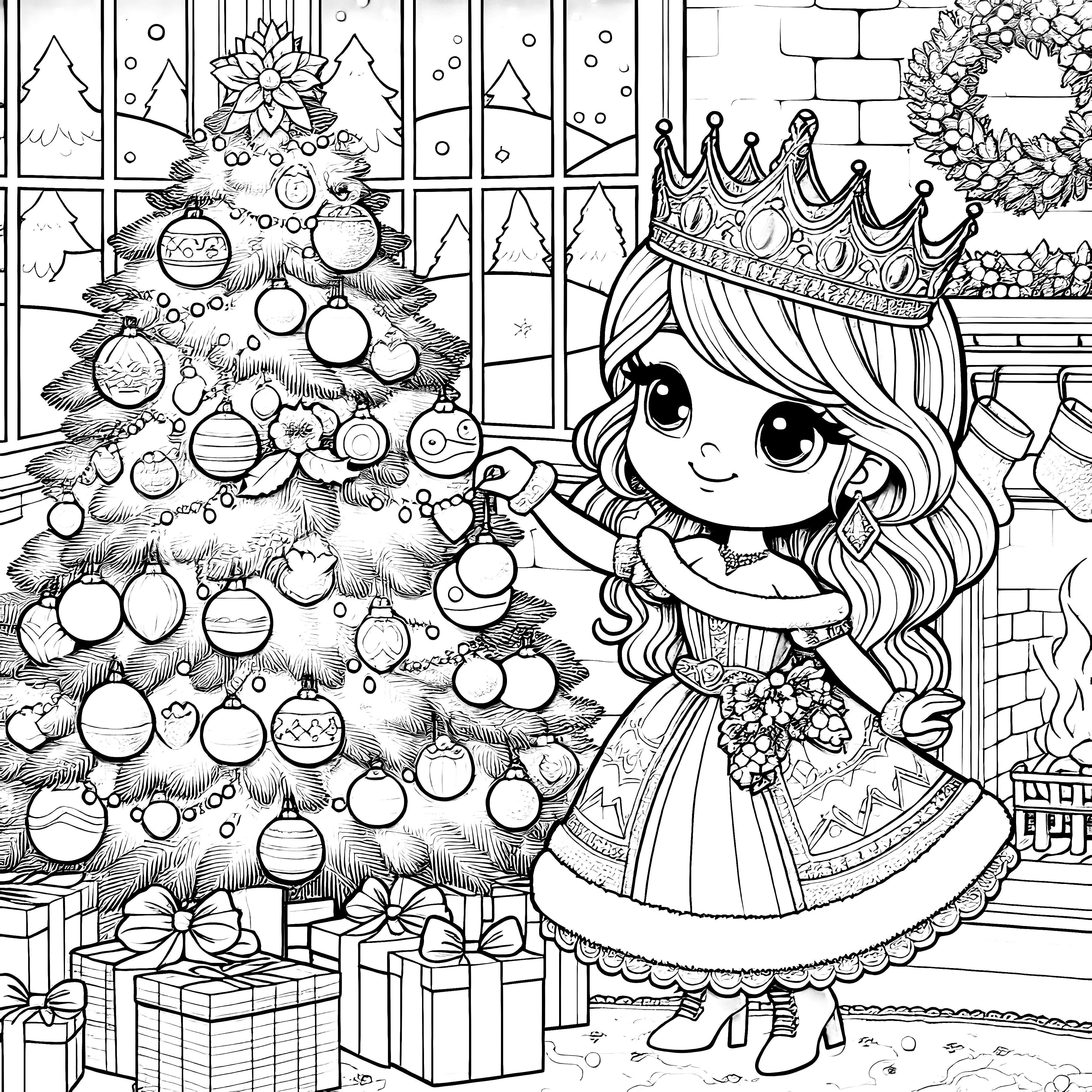 A princesinha decora a árvore de Natal: página para colorir e imprimir (gratuito)