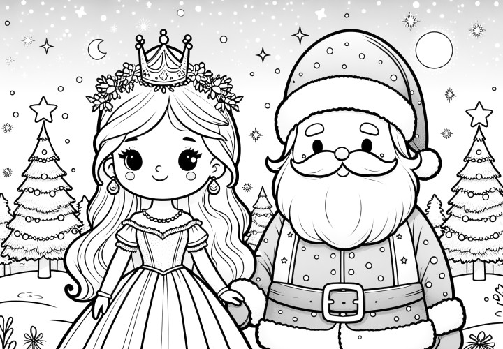 Princesse avec le Père Noël dans un paysage d'hiver comme image à colorier (gratuit)